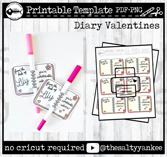 Printable Diary Notebook Valentines Printable Template - PDF and PNG File Download