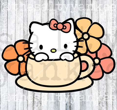 Cute Kitty in Teacup with Flowers SVG and PNG File Download