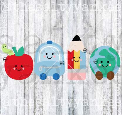 Classroom Shelf Pals Pencil Backpack Globe Apple Worm Kawaii SVG and PNG File Download