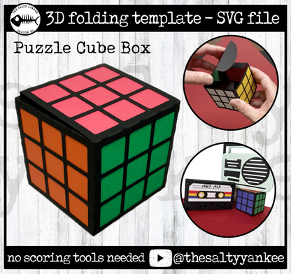 80s Retro Cassette Puzzle Cube Candy Treat Holder Box Template - SVG File Download