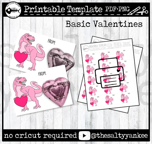 Dinosaur Basic Valentines Add Your Own Treat Printable Template - PDF and PNG File Download