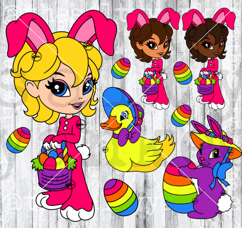 Retro Rainbow Easter Girl Duck And Bunny Bundle Svg Png File Download Downloads