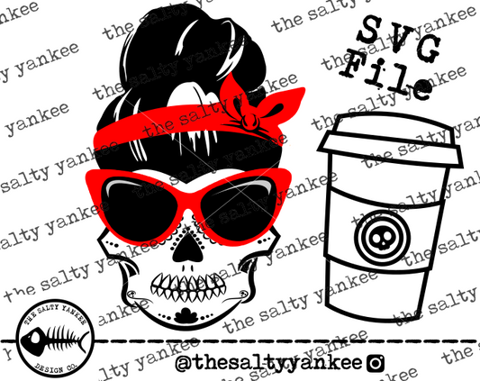 Sugar Skull Messy Bun and Coffee Cup SVG and PNG File Download
